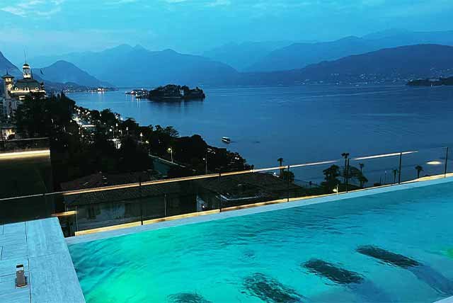 An outdoor swimming pool overlooking Lake Maggiore