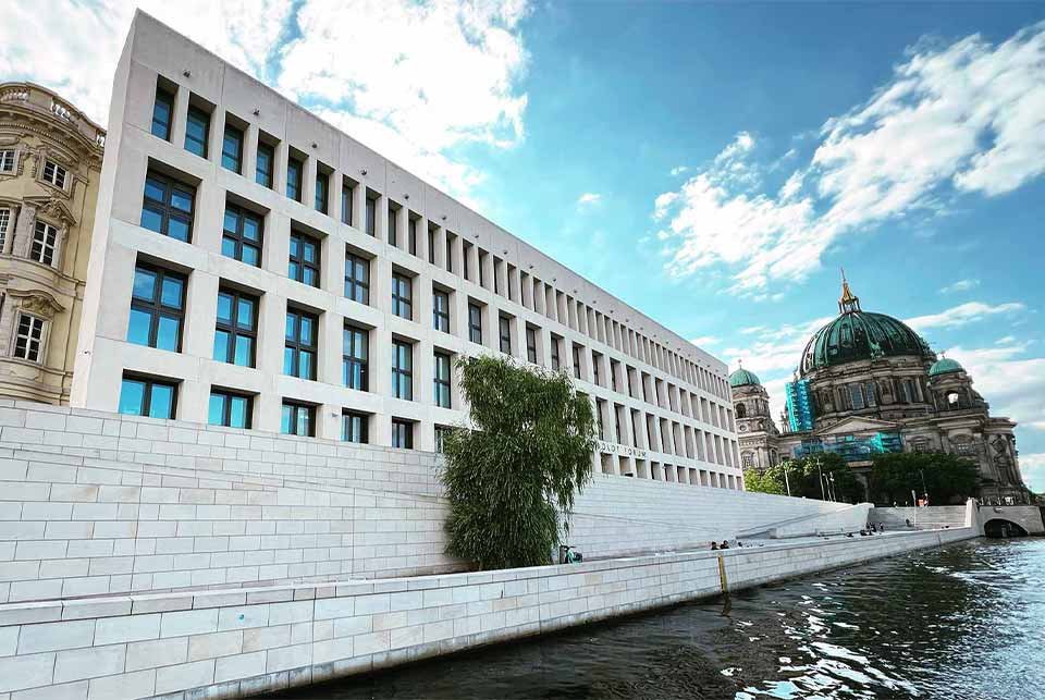 View of modern and old buildings from river spree