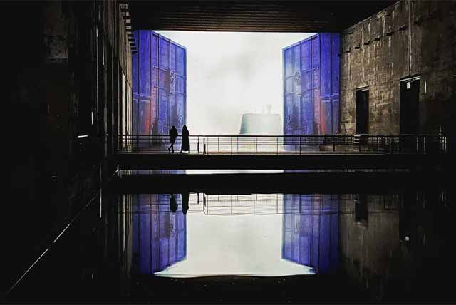 View across water in a digital art venue