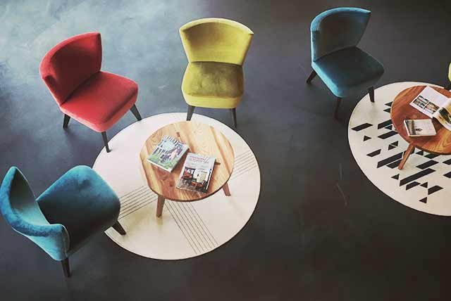 Colourful designer chairs and table