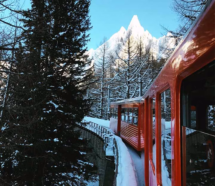 View from a train window in a mountain forest in winter