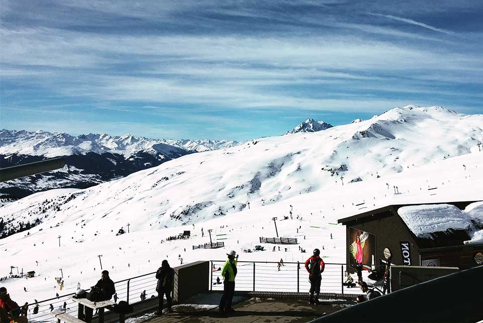 Terrace overlooking a ski area