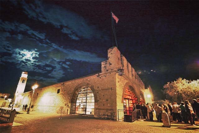 Historic fortification at night