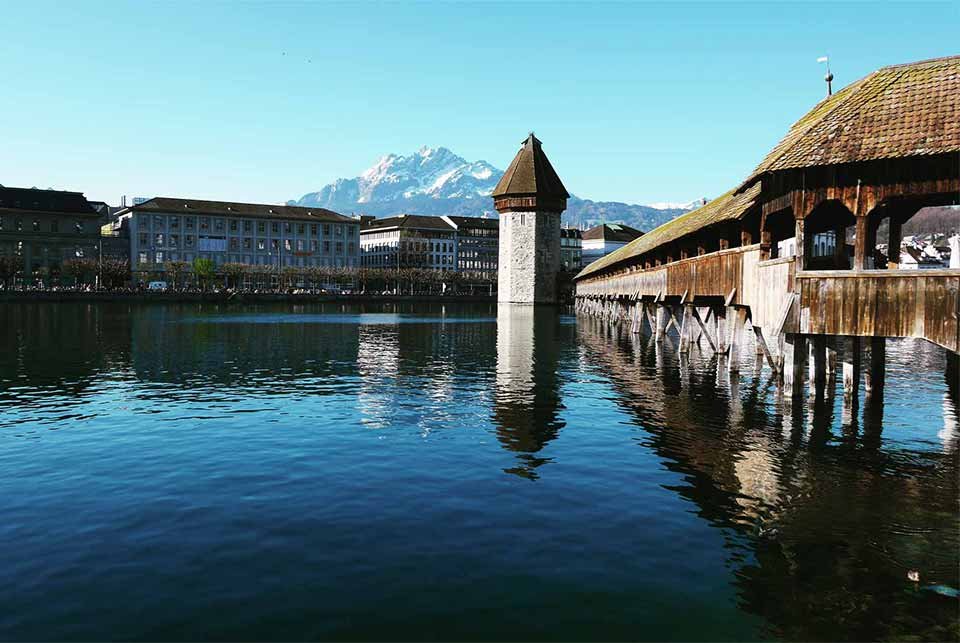 Wooden bridge crossing the river in Lucerne