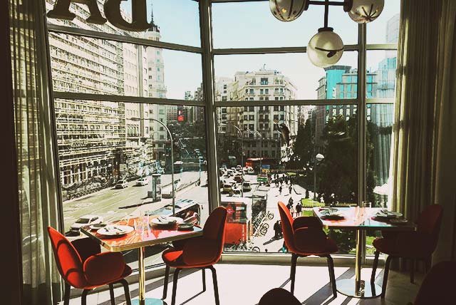 Interior of a modern Madrid restaurant.