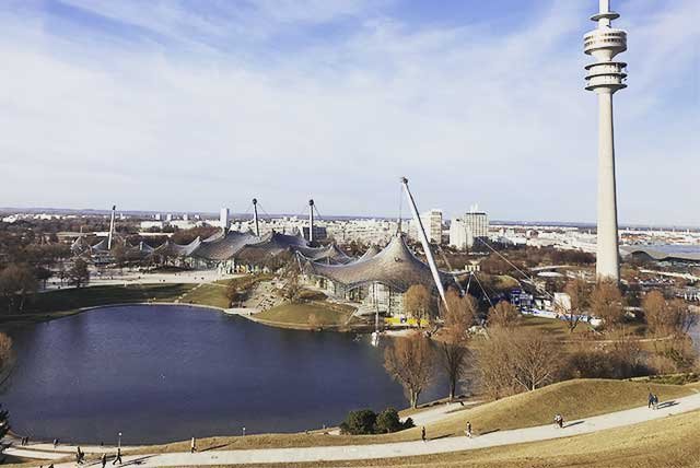View over a lake at an Olympic park in Munich