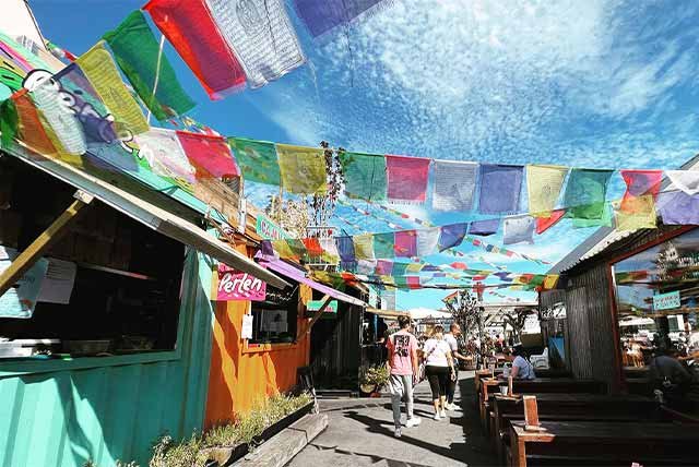 Flags over a street food market in Olso