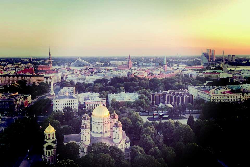 View over Riga skyline at sunset