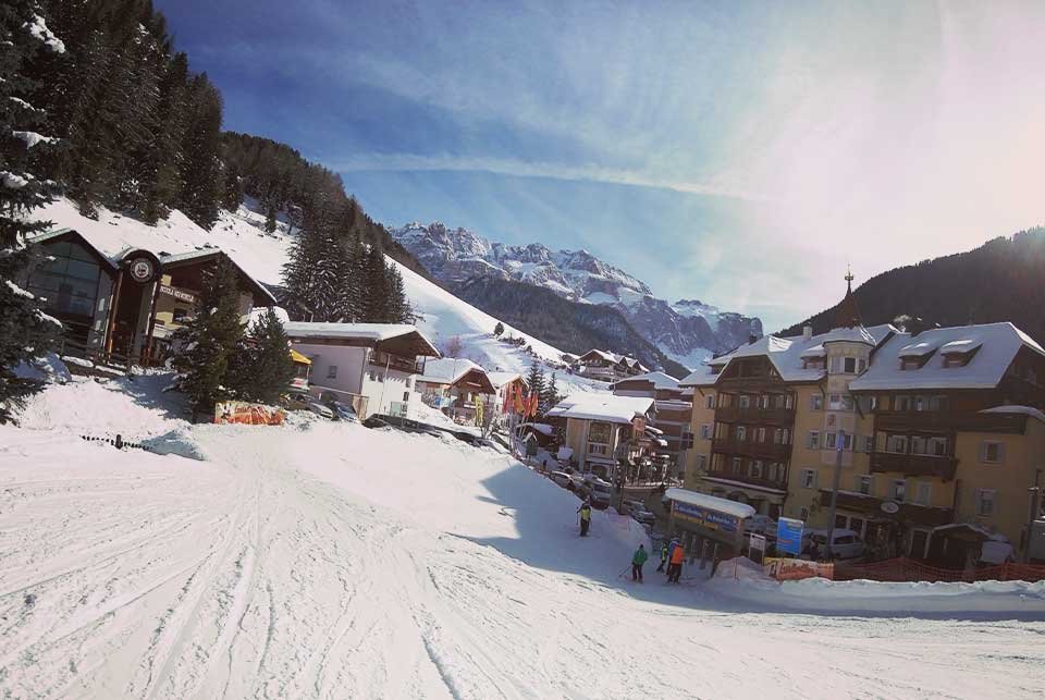 Ski piste running through a village