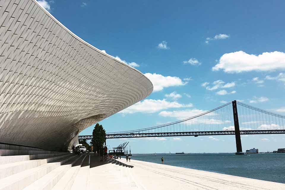 Modern building on waterfront of Lisbon