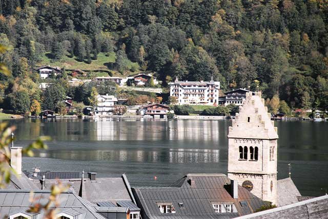 View of a lake over rooftops