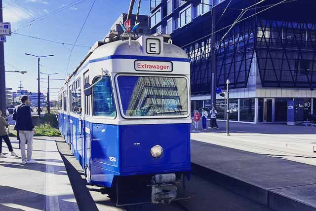 Blue tram in Zurich